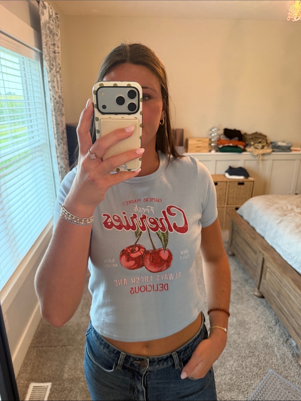 Buckle Light Blue Crop Tee with Red Cherry Graphic